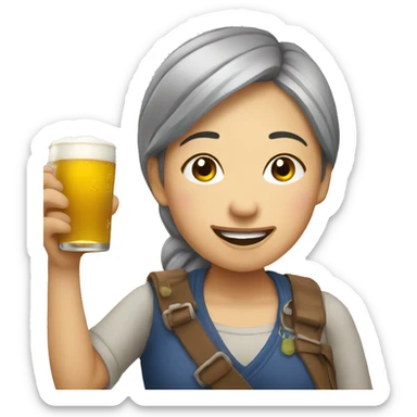 tired but happy asian lady grabbing beer sticker