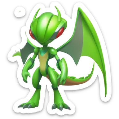 a shiny green Genesect-Flygon-Raptor-Fakémon—hybrid with a futuristic visor-helmet full body sticker