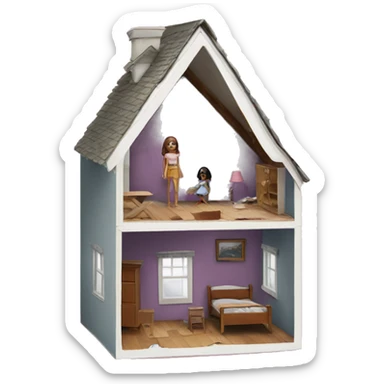 A broken-down dollhouse with a doll sitting inside, lifeless and blank-eyed sticker