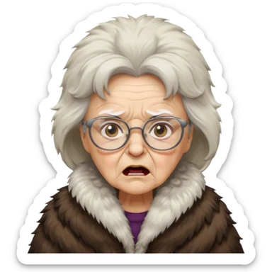 old woman with glasses angry wearing big furcoat sticker