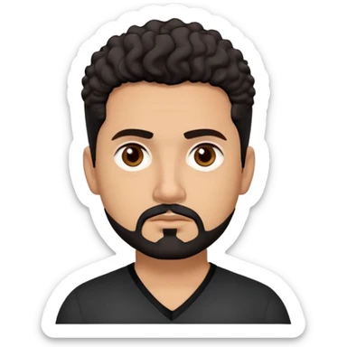 Latino theatre director with light cinnamon skin. Structured face with defined features. Critical dark brown eyes. Thoughtful expression. Well-groomed black goatee with some gray. Short curly dark hair. Wearing a black V-neck shirt with minimal design. sticker