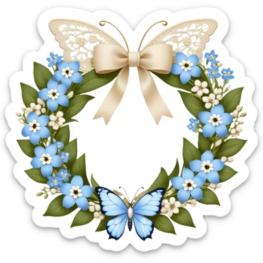 A delicate floral wreath woven from baby blue forget-me-nots and white jasmine, tied together with a velvet ribbon in creamy beige. A pearl-colored butterfly with intricate, lace-like wings rests atop the wreath, completing the picture of timeless elegance sticker
