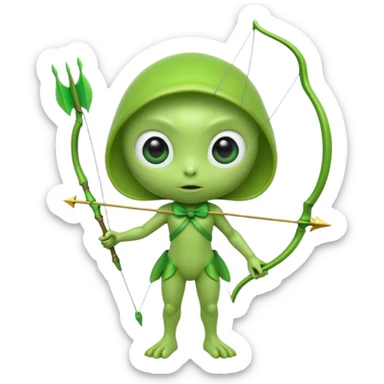 3D emoji-style green alien holding a bow and arrow, glossy texture, smooth skin, large expressive eyes, small humanoid body, minimalist background, soft lighting, Pixar-style rendering, high detail, cute but slightly serious expression, clean centered composition sticker