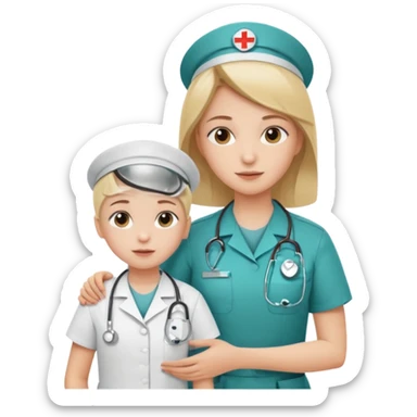 A young medic (woman) attending to a child at the local hospital sticker