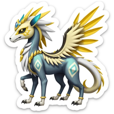 Colorful Skeletal masked armored Meloetta-Manectric-Silvally-Solgaleo-Raikou-Pokémon-Digimon-Fakémon-fusion-hybrid-creature, full body sticker