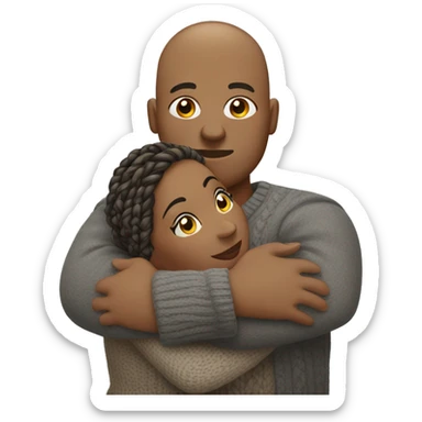 Black bald man in grey sweater hugging a overweight light brown woman with braids in a sweater dress sticker