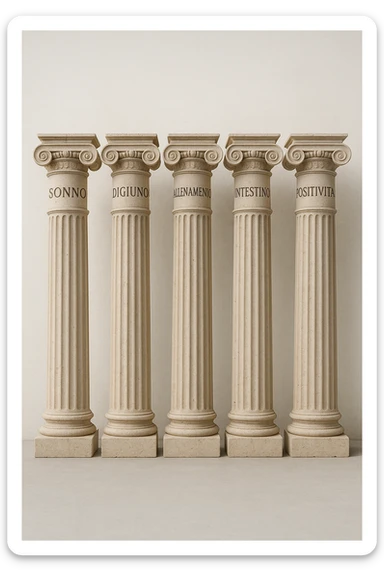 5 pilastri con le scritte "SONNO", "DIGIUNO", "ALLENAMENTO", "INTESTINO", "POSITIVITà" IMMAGINE IPERREALISTICA SFONDO CHIARO IN ITALIANO sticker