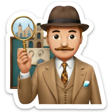A cinematic-style frame showing Hercule Poirot in his iconic suit with a magnifying glass in a dramatic detective pose. Background should be mysterious city, a board with photos of suspects, clues like fingerprints. Transparent background. sticker