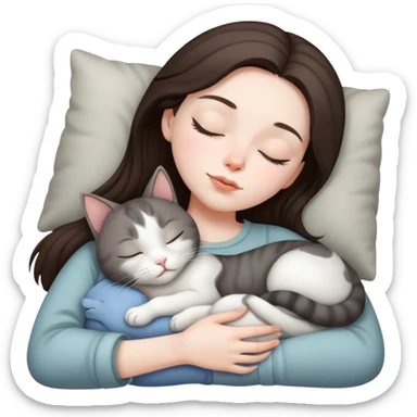 Brunette girl  sleeping with grey white  cat  sticker