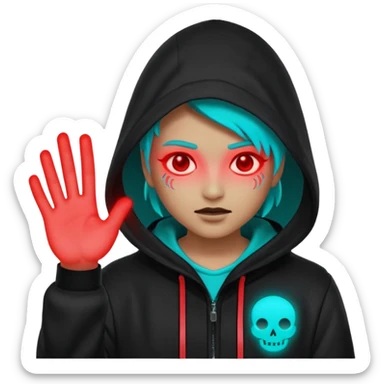 Neon cyberpunk hooded hacker emoji using the exact original palette: crimson red glow, cyan/teal highlights, black shadows. Character shakes head “no” and shows stop hand. Text “NO TO SCAMS” in red neon. Smooth looping animated sticker, transparent background, Discord emoji style. No new colors. sticker
