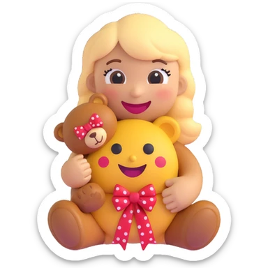 3D smiley emoji, large eyelashes, red polka dot bow, winking, smiling, holding a brown plush teddy bear in one hand, cute style sticker