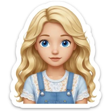 create an emoji of a young woman, very long blonde wavy hair mid-part, blue eyes, tanned skin, a gentle look. she wears a white short sleeve lacy top and an overall sticker