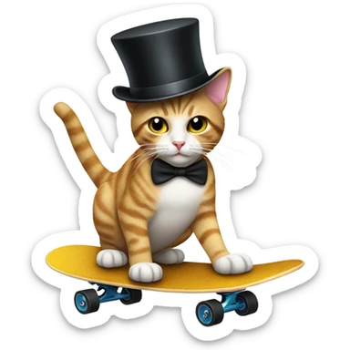 cat riding a skateboard with a top hat sticker