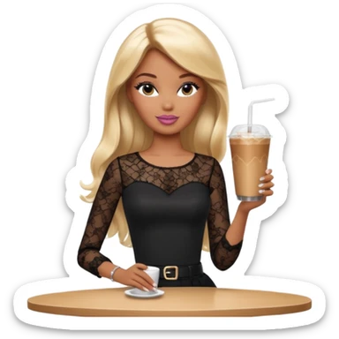 brown skin blonde barbie wearing black lace shirt with iced latte with long French tip nails sticker