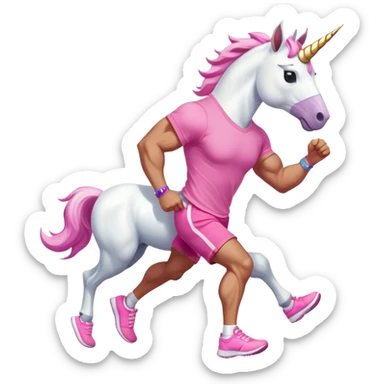 full body friendly anthropomorphised masculine unicorn with white horse-like face, muscular build, wearing pink t-shirt, shorts, trainers, dark sunglasses, running sticker