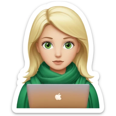 blond women skine , with green eyes and scarf . with macbook sticker