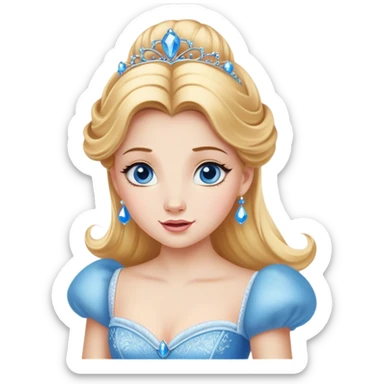 Cinematic Realistic Comical Cinderella Portrait, with every detail rendered realistically—from the soft, smooth texture of her fair skin to her artfully styled golden-blonde hair. Her bright blue eyes are wide with playful disbelief, and her expression carries a touch of whimsical humor while retaining elegant poise. Her classic ball gown, detailed with rich fabric textures and natural shadows, catches the light in a way that blends refined beauty with a hint of cheeky mischief, creating a striking, lifelike portrayal. sticker