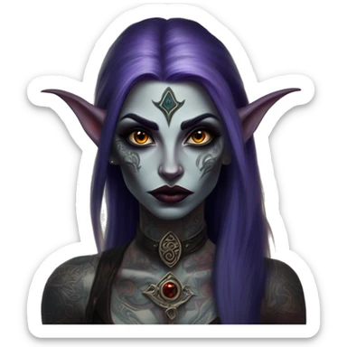 Tattooed night elf in Vampire Survivors style, oil paint, mysterious eyes, intricate lips, masterpiece portrait, beautiful, desirable, logical sticker