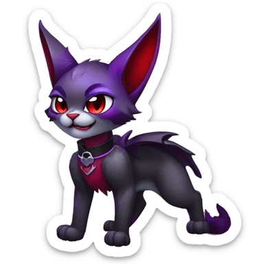 Anthro-Cute-Edgy-Cool-Vampiric-Batty-Cat-Black-Purple-Red-Grey-White-Contrast-Colors-Fantasy-Fur-Sona-Chibi-Shiny-Fakémon-Hybrid with horns and fangs and collar full body sticker