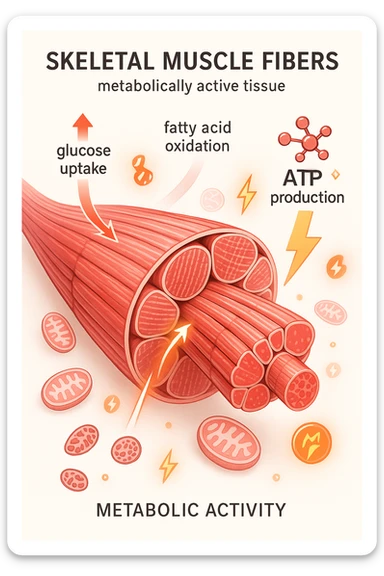 a highly detailed cross-section of human skeletal muscle fibers, shown in vibrant red and pink tones, with visible striations and realistic texture. Glowing arrows and animated icons represent active metabolic processes—such as glucose uptake, fat oxidation, and ATP production—occurring within the muscle tissue. Surrounding the muscle, floating symbols for mitochondria and energy highlight its metabolic activity. The background is clean and clinical, with subtle labels and infographics explaining that muscle is a metabolically active tissue. The overall style is modern, scientific, and visually engaging, suitable for educational or medical use. in italiano sticker