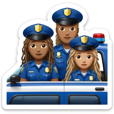 African American male police officer with long dreadlocks with Caucasian woman police officer both sitting in New York police car sticker