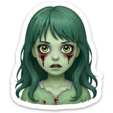 Zombie Green girl with long wavy black hair and bangs. sticker