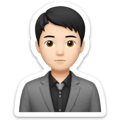 asian young man with black hair middle part haircut in grey blazer and black t-shirt  sticker
