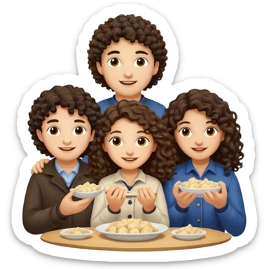 Can you create an emoji of three 23 year olds eating dumplings. One boy with wavy curly hair and one Jewish girl with long dark brown curly hair and one half Indian / half white girl with mid length dark brown hair. All brown eyes sticker