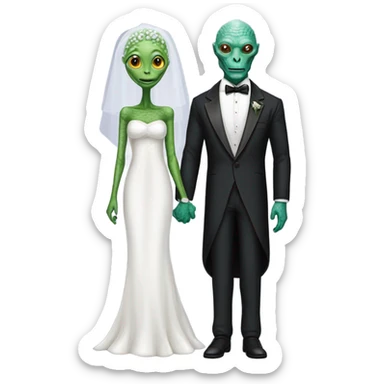 Alien reprilian woman in wedding dress, and one humman man in a tuxedo holding, hands getting married sticker