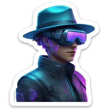 Secret human agent in a hat with  cyberpunk elements in VR googles scanning looking reviewing multicolor lines of code, cyan and purple colors, only upper body portrait sticker