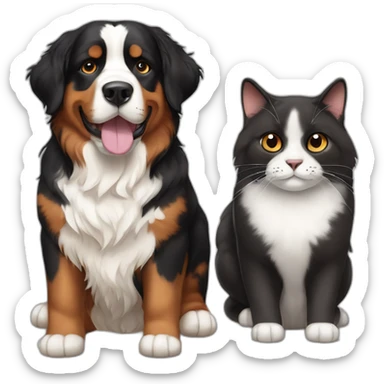 A Bernese dog next to A black and brown tortoiseshell cat without white fur sticker