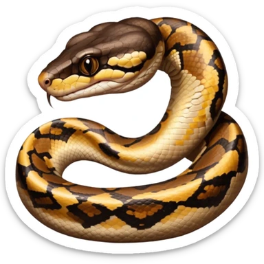 A photo-realistic digital illustration of a Ball Python, large headshot portrait. The snake has a short, rounded snout, smooth contours, and a calm, curious expression. Its head is warm brown with bold, irregular dark markings, including the signature “alien-head” pattern.  sticker