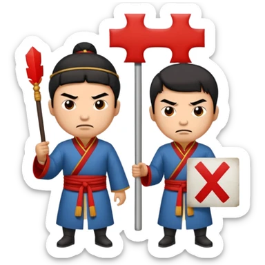 qing empire man who is of han ethnicity who looks angry that is holding a sign that has a red x on it to another man who is not han ethnicity who looks sad sticker