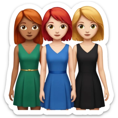 Can you create an image of 3 friends together one with red bright hair light skin one the other with brown hair with some blonde highlights in the hair fair skin the last one with light brown a tint of orange hair and black long hair with brown with dresses sticker