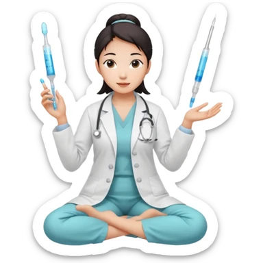 emoji of an asian woman with a single bun in a white lab coat sitting cross legged with micropipettes levitating above each hand. the tips should be pointing away from her and she should not be wearing a stethoscope sticker