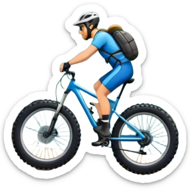 An icon featuring a forest trail or rocky mountain road. The background shows dense trees, steep slopes, and distant peaks under a clear blue sky with mountain bike with wide tires, positioned on  Transparent background highlights the thrill and rugged beauty of mountain biking. sticker