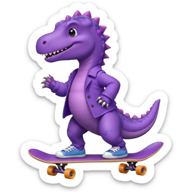 a purple dinosaur on a skateboard wearing a coat with sneakers in the bottom sticker