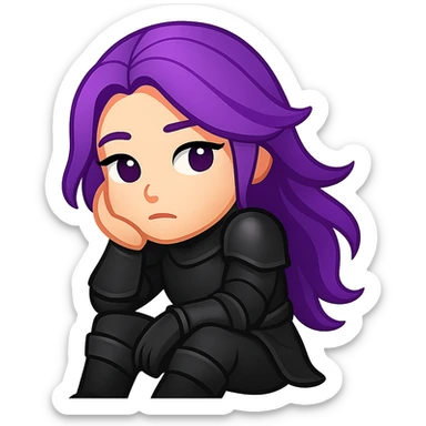 Create an emoji style image of a mysterious warrior girl with flowing purple hair and black armor sitting with one knee up, looking thoughtful. Keep the style and colors consistent with the reference image. No background. sticker