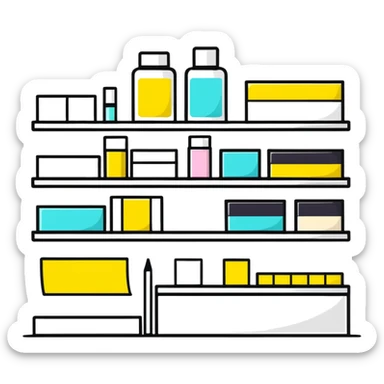 big long white shelf with luxury brand serum and big sticky note sticker