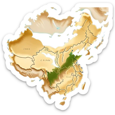 Cinematic-realistic outline of china, featuring its distinct landmass with accurately defined coastlines. The deep blue ocean surrounds the golden-brown continent, with subtle topographic shading to highlight its terrain. A soft glowing effect enhances the edges, making the shape stand out against a neutral, textured background. sticker