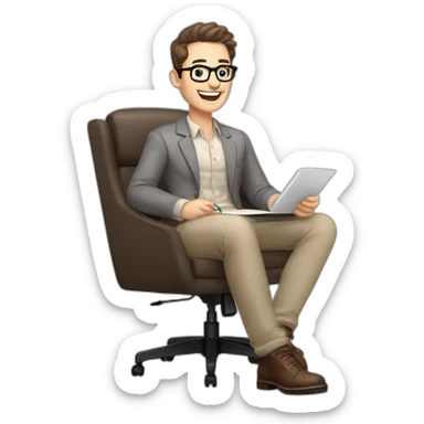 Joyful Celebrating victory Pale skinned Fit Man With dark brown hair in gray jacket, beige office shirt, Brown pants and vintage glasses sitting In a soft chair with a notebook and a pen sticker