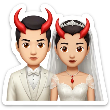 an asian male bride with the face of devil and wedding dress sticker