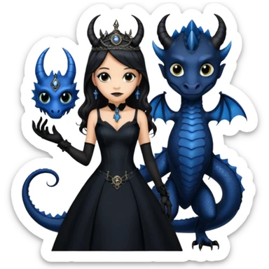 Slim fitting seductive dress Holed and worn Lavish black evening gown with see-through wispy black gloves , Jenna Ortega as Addams woman wearing a steampunk style mini tiara, very large blue evil-looking horned old dragon companion with evil eyes  sticker
