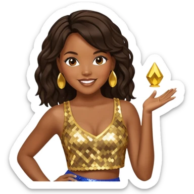 LeToya Luckett with dark brown long hair, gold sequin crop top  sticker
