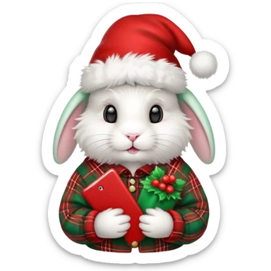 fluffy white angora rabbit wearing red and green plaid Christmas hat held in hands sticker