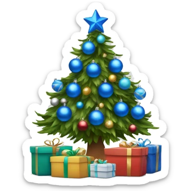 Christmas tree with blue ornaments, lights and with gifts wrap under the tree sticker
