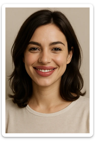 portrait of a brunette woman with puffy lips, smiling, minimal background sticker