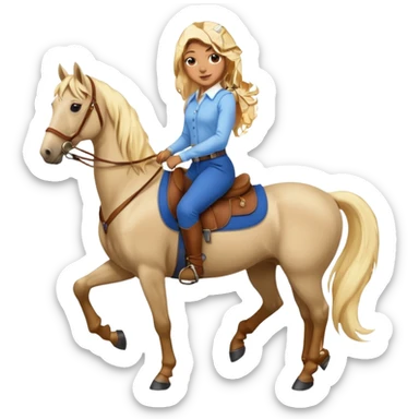 Brown girl with very long blonde hair wearing a cream colored; collared long sleeve shirt and blue riding pants with brown boots on top of a brown horse with 4 legs sticker
