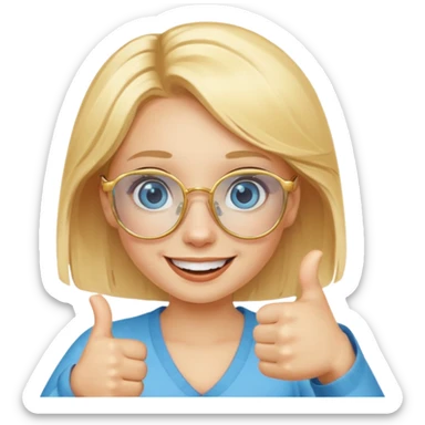 une fille blonde au yeux bleus avec des lunette dorée assez grande joyeuse avec un pouce lever sticker