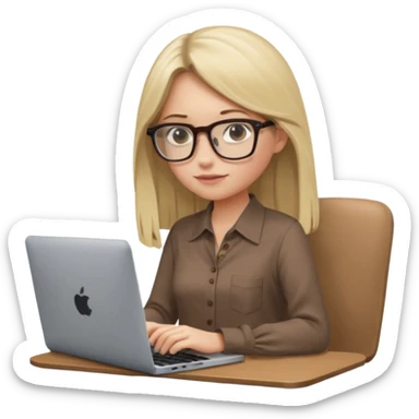 Girl in glasses, blonde long hair, sitting, brown blouse, typing on gray MacBook sticker